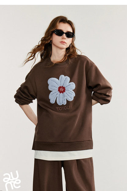 TOYOUTH Women Hoodies Sweatshirt 2025 Autumn New Plush Flower Printed Contrasting Color Splicing Fake Two Piece Cotton Pullover