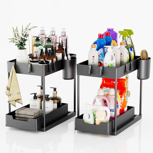 2-Tier Under Sink Organizer with Sliding Drawers & Hooks