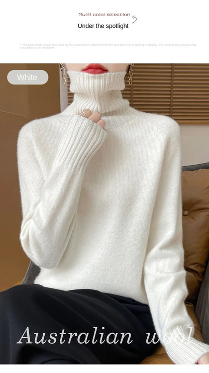 Women's Clothing New Fashion Autumn And Winter Merino Wool Pullover Solid Color Long Sleeve Basic Thermal Top 100% Wool Sweater