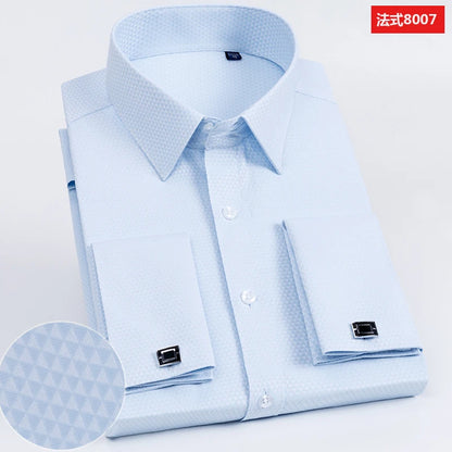 Men's French cufflinks shirt, men's slim fit long sleeved business sleeve nail free business formal men's solid color shirt