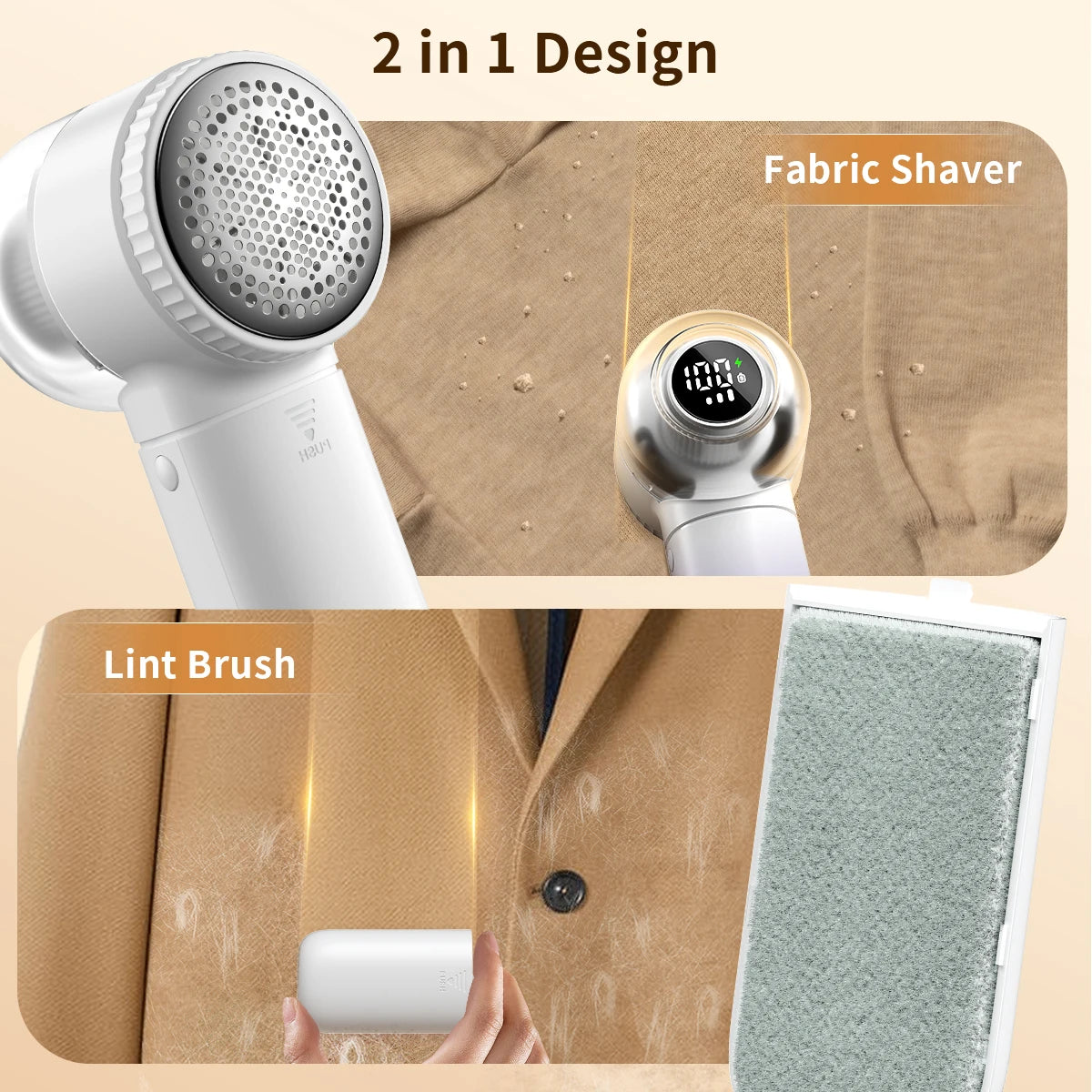 Fabric Shaver, 2 in 1 Rechargeable Lint Remover with Brush with Digital Display 3 Speeds Lint Shaver for Clothes Sofa Bedding