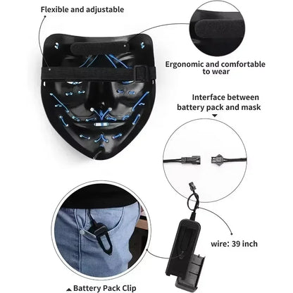 LED Halloween Mask Glow in The Dark Scary Terror Face Cover Bright Scream Light Up Costume for Men Carnival Party