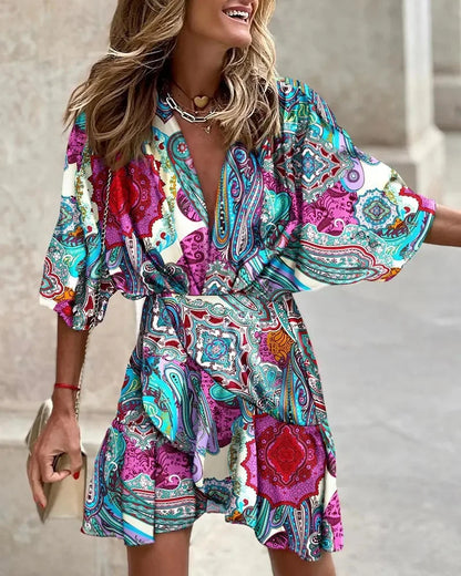 Boho Floral V-Neck Mini Dress – Batwing Sleeve Beach Style