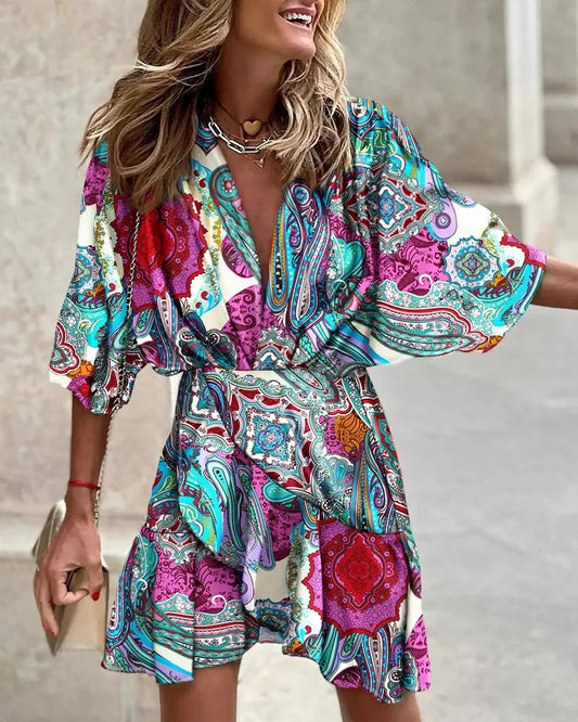 Boho Floral V-Neck Mini Dress – Batwing Sleeve Beach Style