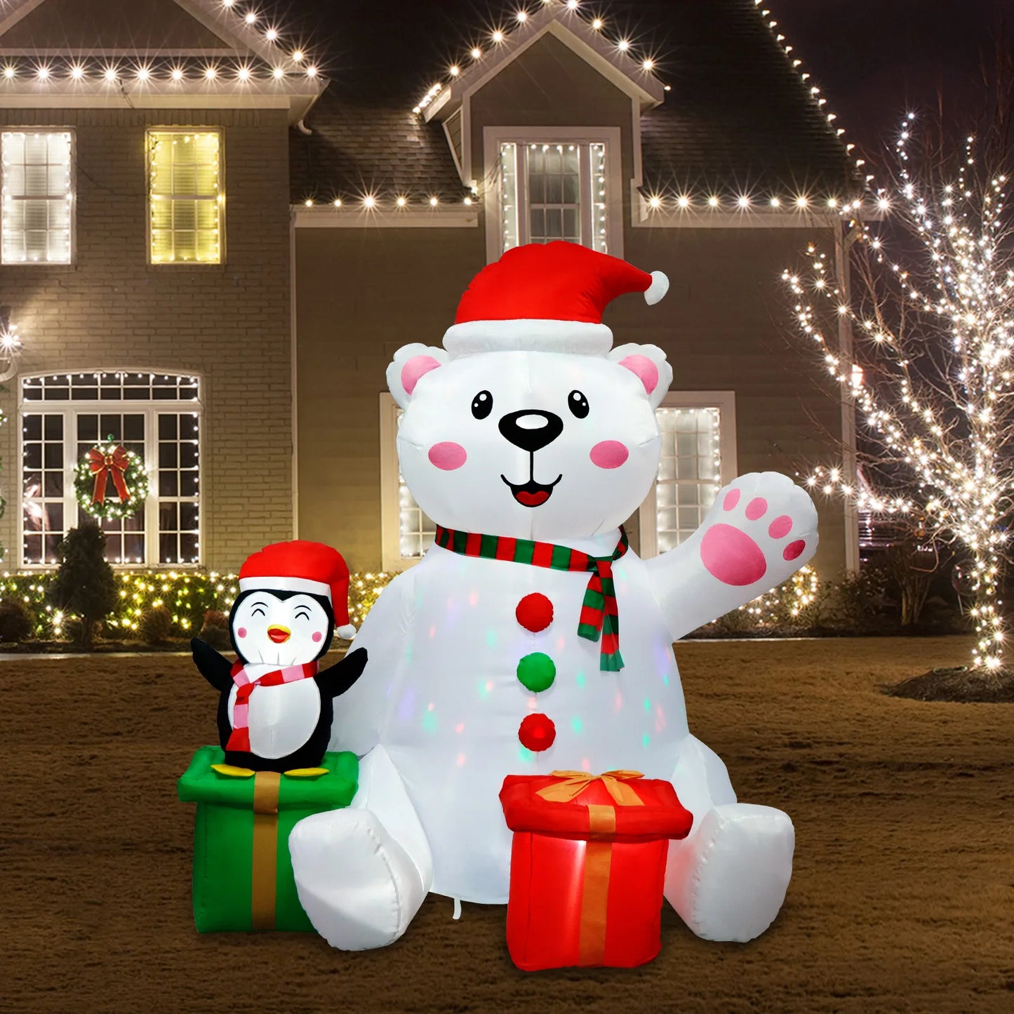 6FT Christmas Inflatables Outdoor Decorations Polar Bear Inflatable with Penguin Blow up with LED Light for Xmas Outdoor Decor