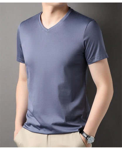 Top Grade 1.7% Mulberry Silk New Summer Brand Tops V Neck t Shirts For Men 2025 Short Sleeve Casual Fashion Mens Clothing