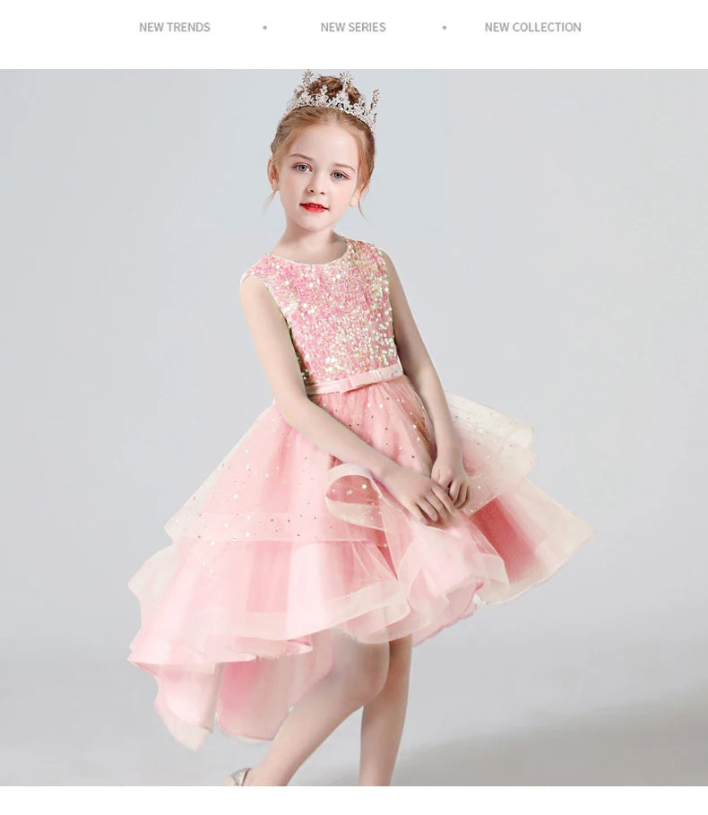 2023 Hot style Summer Sequin Lace Tuxedo Wedding Dress for girls 3-13 years old Sleeveless fluffy Mesh gauze Doveark brand