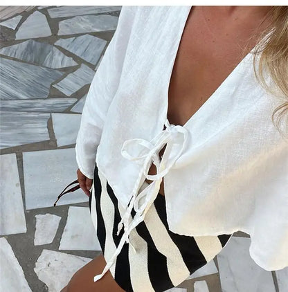Spring 2025 V-Neck Lace-Up Linen Blouse – Casual Loose Fit