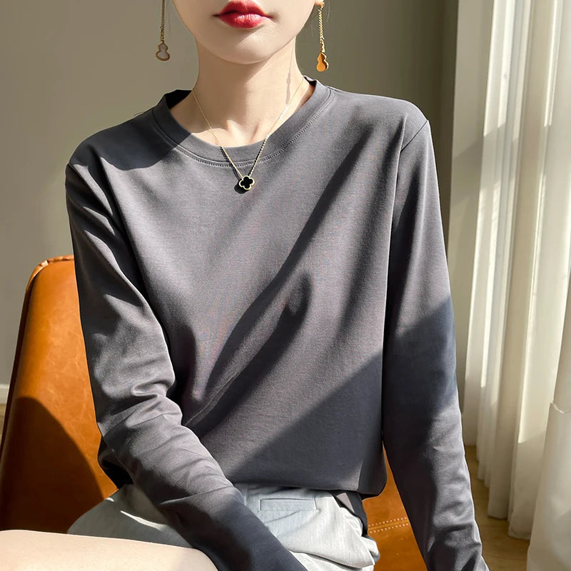 Spring Autumn 100% Cotton Long-Sleeved T-Shirt Women's Round Neck Mercerized Cotton Bottoming Shirt Loose Top