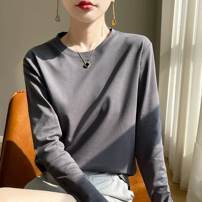 Spring Autumn 100% Cotton Long-Sleeved T-Shirt Women's Round Neck Mercerized Cotton Bottoming Shirt Loose Top