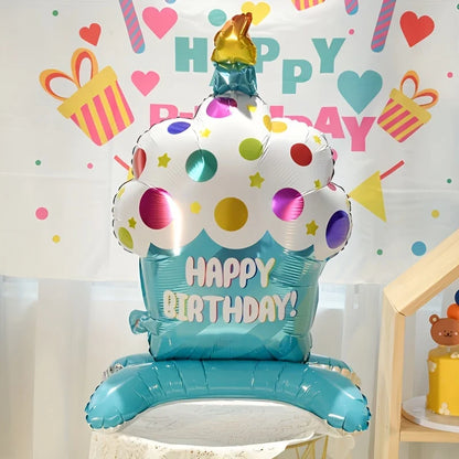 Birthday Cake Balloon with Base Standing Foil Balloon Cute Cake Balloon Kids Boy Girl Birthday Party Decor Supplies Baby Shower