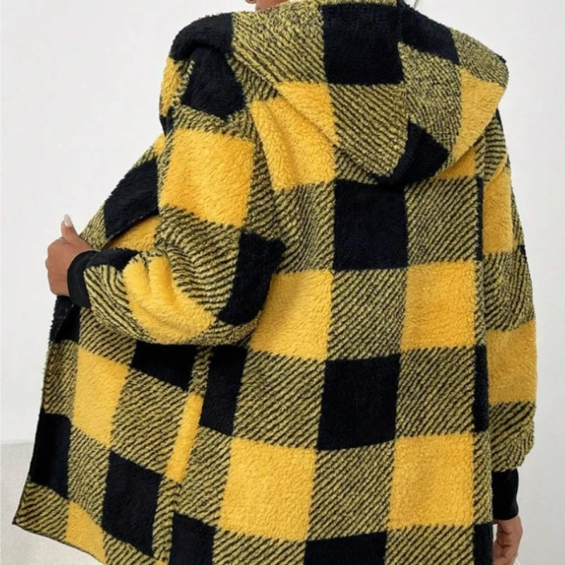 Women Autumn Winter Double Fleece Plaid Cardigan Soft Loose Long Sleeve Plush Warm Hooded Jacket Female Patchwork Outerwear Coat