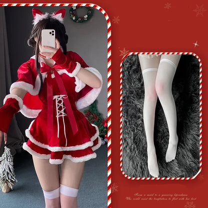 [You're My Secret] Christmas Dress Suit Women Xmas Cosplay Costume Red Suit Party Rabbit Ears Hooded Shawl Christmas Girl Set