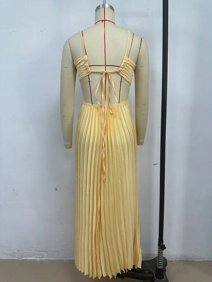 Women's Halter Backless Pleated Maxi Dress – Beach Vibes 2025