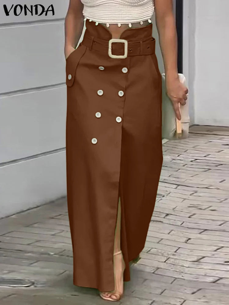 VONDA Women Elegant Skirts 2025 Casual Waistband Button Design Slit Long Overskirts Solid Color Office Lady Bottoms Oversized