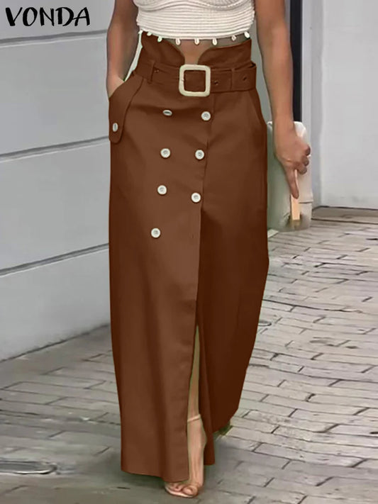VONDA Women Elegant Skirts 2025 Casual Waistband Button Design Slit Long Overskirts Solid Color Office Lady Bottoms Oversized