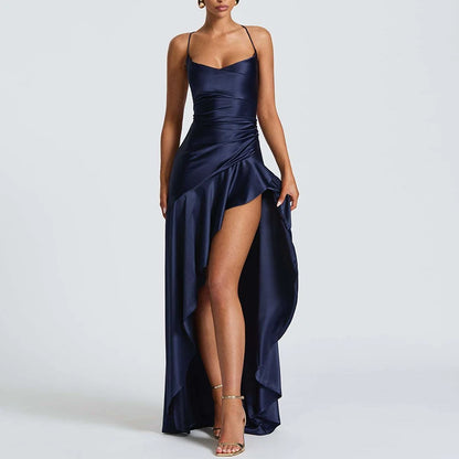 Sexy Slash Neck Slim Ruffle Banquet Dress Women Spring Backless Lace-up Long Irregular Dress Summer Sleeveless Hollow Maxi Dress