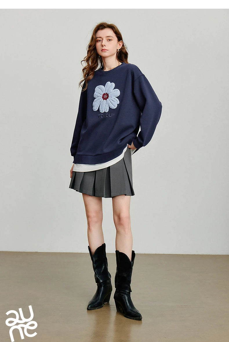 TOYOUTH Women Hoodies Sweatshirt 2025 Autumn New Plush Flower Printed Contrasting Color Splicing Fake Two Piece Cotton Pullover