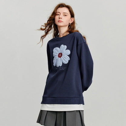 TOYOUTH Women Hoodies Sweatshirt 2025 Autumn New Plush Flower Printed Contrasting Color Splicing Fake Two Piece Cotton Pullover