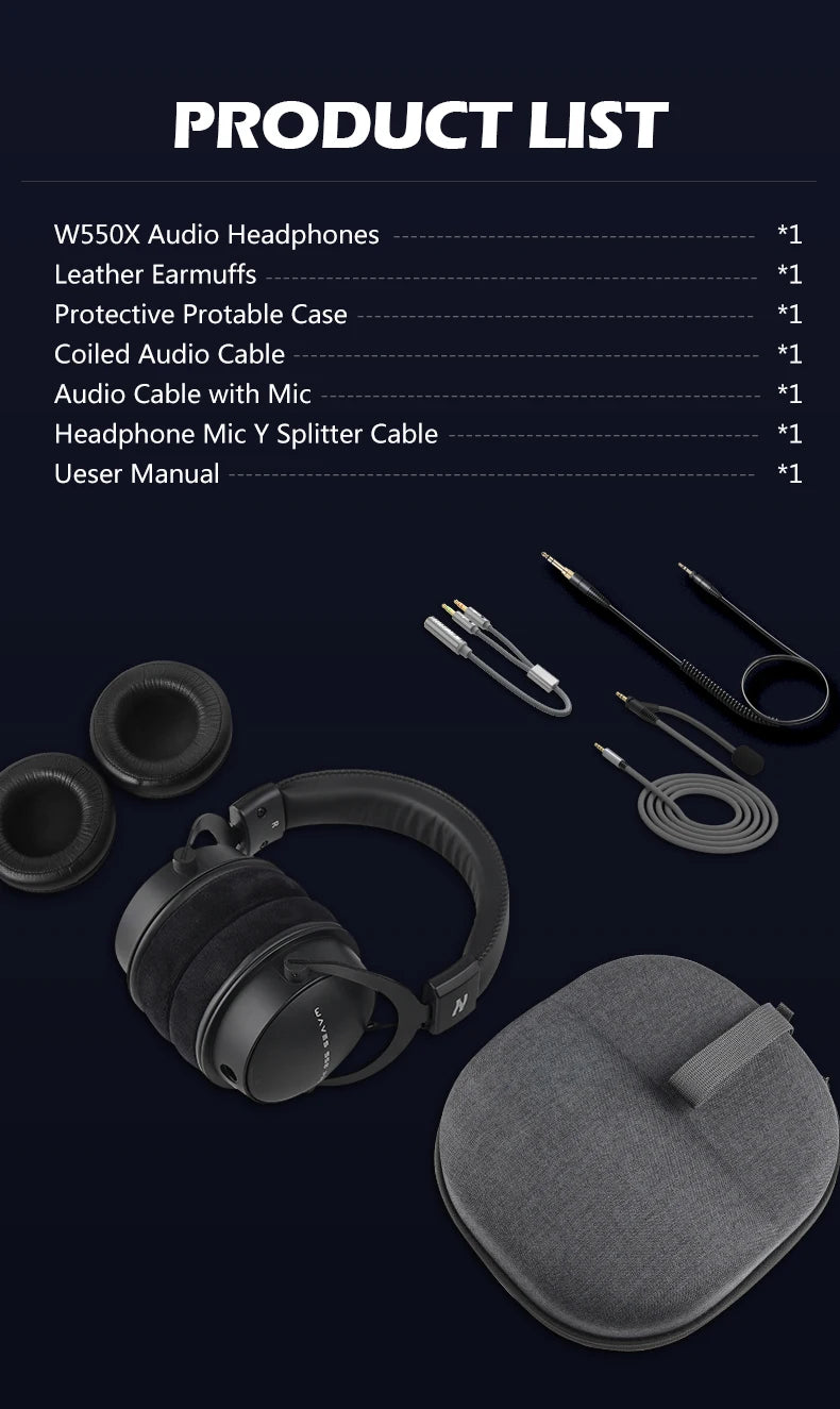 TALOMEN W550X Corded Studio Headphones Stereo Professional DJ Headphones Over-Ear Monitor Headphones with Detachable Cable Gift