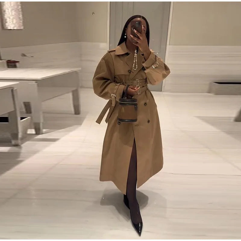 Double-Buckled Belted Hooded Trench Coat Oversized Long Sleeve Maxi 2025 Autumn Edgy Women Outerwear Fashion Trendy Lady Jacket