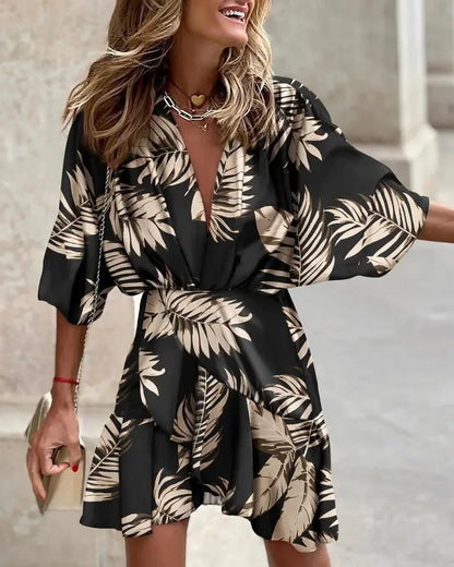 Boho Floral V-Neck Mini Dress – Batwing Sleeve Beach Style