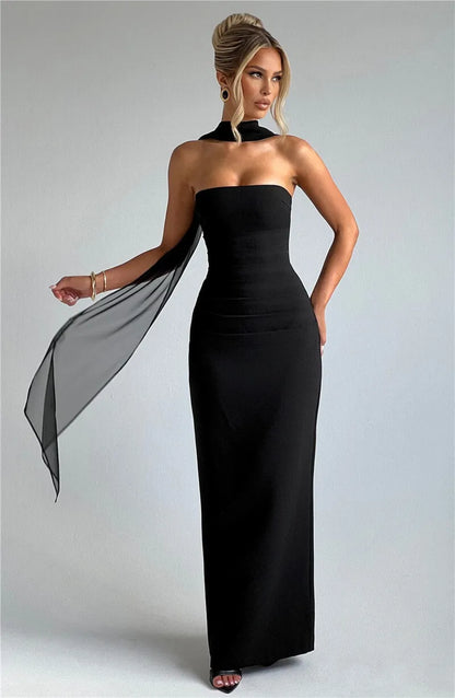 Mozision Scarf Collar Strapless Sexy Maxi Dress For Women Fashion Off-shoulder Backless Bodycon Club Party Long Dress Elegant
