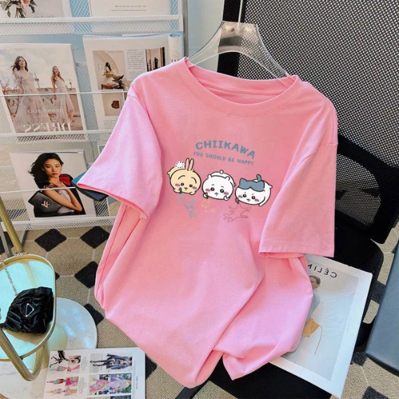 Chiikawa Cartoon Print 100% Cotton Short Sleeve Round Neck Women's T-shirt Trendy Summer Cute Loose Fashion Women's T-shirt