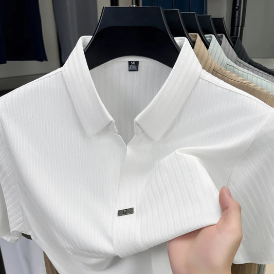 Men’s Breathable Ice Silk Stripe Polo Shirt – Summer Casual