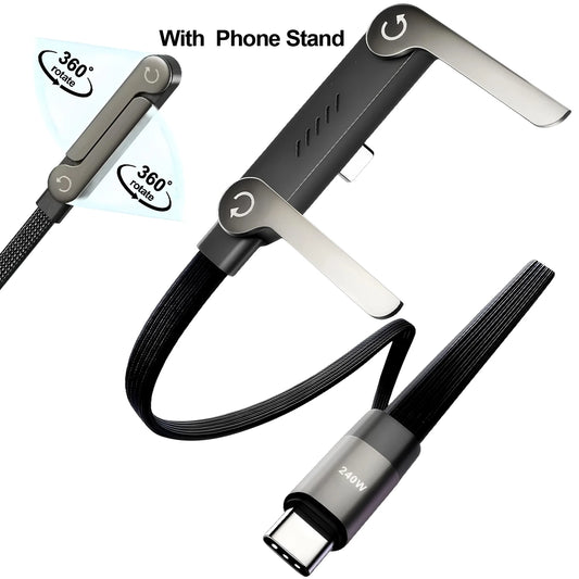 Foldable 2-in-1 Bracket Data Cable 240W Fast Charging Type-C to Type-C Charger Cord with Phone Holder for Tablets Smartphones