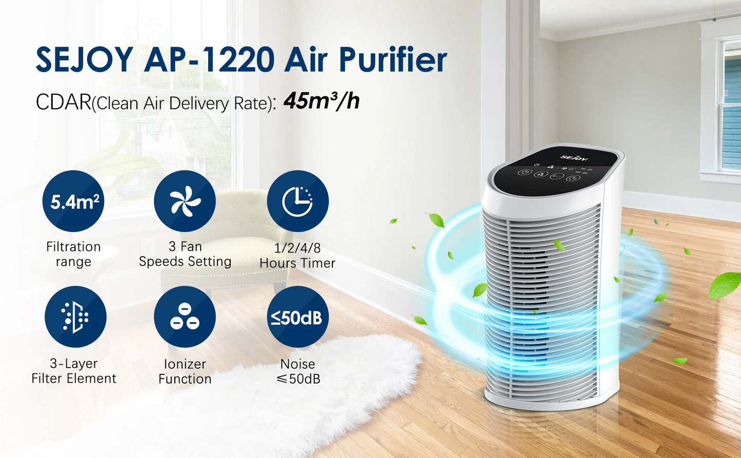 Sejoy HEPA Air Purifier – 3-Stage Filtration with Ionizer, Quiet Portable Cleaner for Bedrooms & Pets
