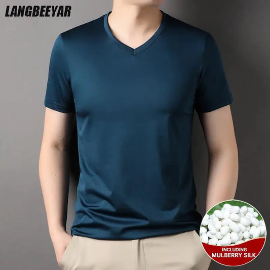 Top Grade 1.7% Mulberry Silk New Summer Brand Tops V Neck t Shirts For Men 2025 Short Sleeve Casual Fashion Mens Clothing