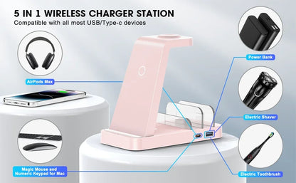 5-in-1 Fast Wireless Charging Station for Multiple Devices for iPhone 15 14 13 12 Pro Max Apple Watch Airpods