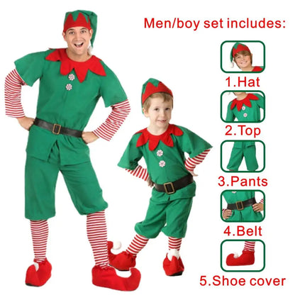 Adult and Boys Christmas Green Elf Cosplay Costume Xmas Party New Year Santa Claus Hat Belt Socks Shoe Cover Dress Clothes Set