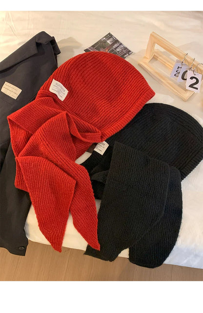 Korean Balaclava Bonnet Women Skullies Beanies Hat Scarf One-piece Thickened Warm Neck Protection Winter Accessories Knitted Law