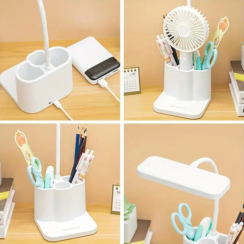Adjustable LED desktop light with touch, eye protection, 3 color temperature modes, pen holder, USB rechargeable, for reading