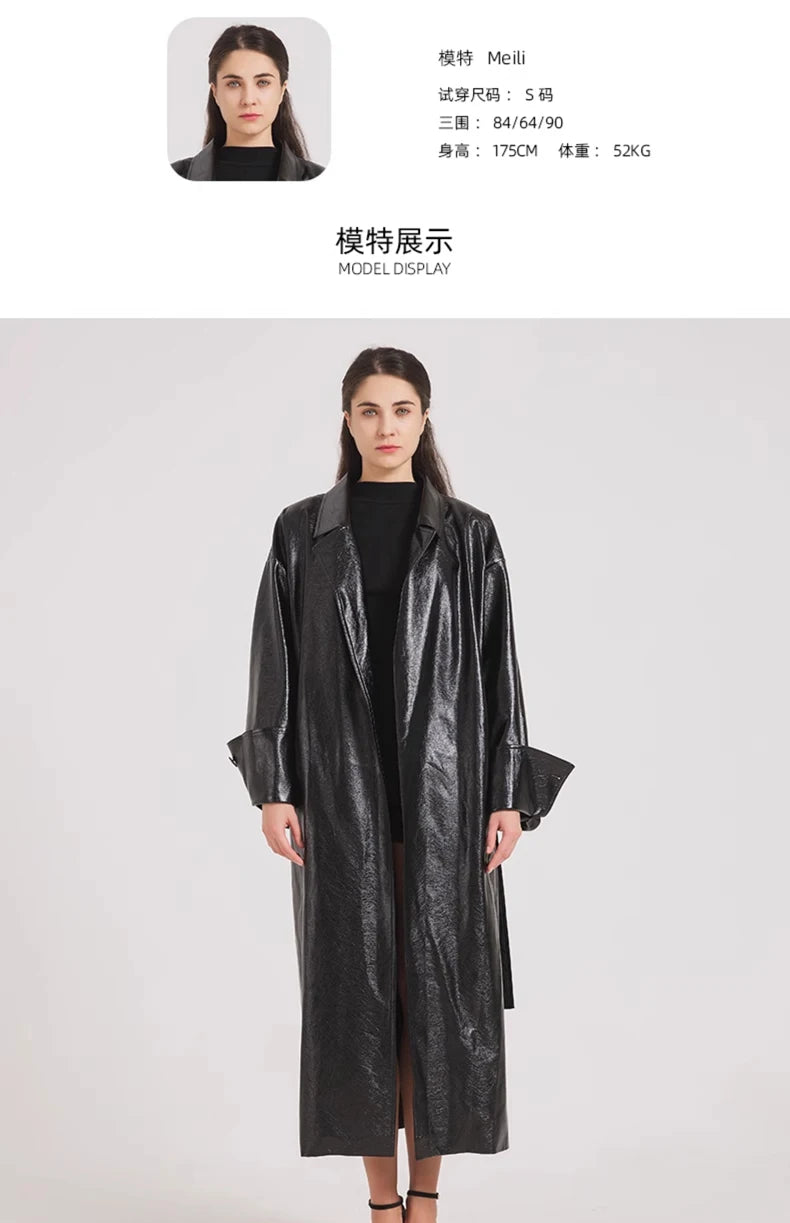 Lautaro Spring Autumn Extra Long Burgundy Pu Leather Trench Coat for Women with Belt Elegant Luxury Designer Maxi Overcoat 2024