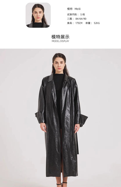 Lautaro Spring Autumn Extra Long Burgundy Pu Leather Trench Coat for Women with Belt Elegant Luxury Designer Maxi Overcoat 2024