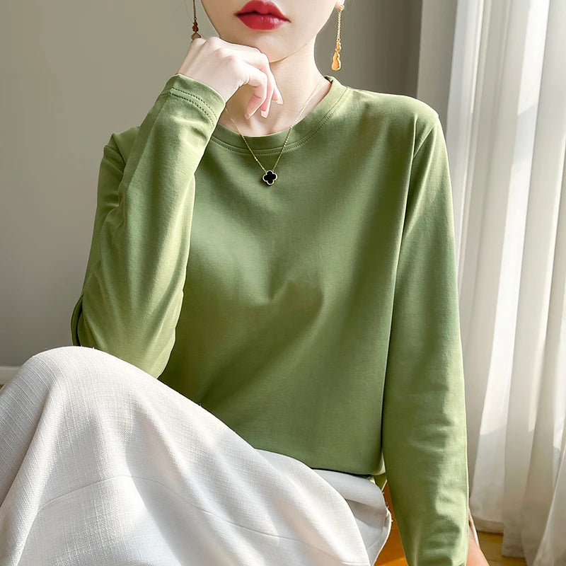 Spring Autumn 100% Cotton Long-Sleeved T-Shirt Women's Round Neck Mercerized Cotton Bottoming Shirt Loose Top