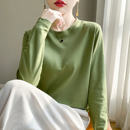 Spring Autumn 100% Cotton Long-Sleeved T-Shirt Women's Round Neck Mercerized Cotton Bottoming Shirt Loose Top