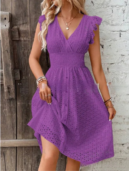 White Lace V-Neck A-Line Mini Dress – Elegant Summer Beachwear