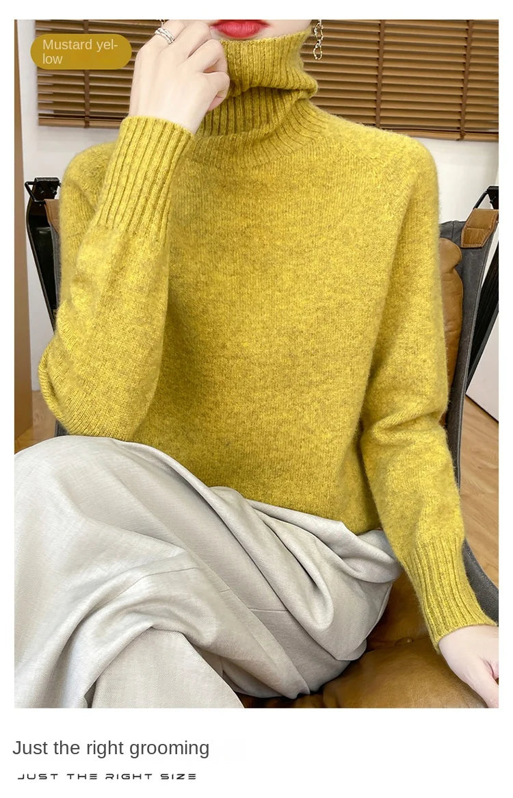 Women's Clothing New Fashion Autumn And Winter Merino Wool Pullover Solid Color Long Sleeve Basic Thermal Top 100% Wool Sweater