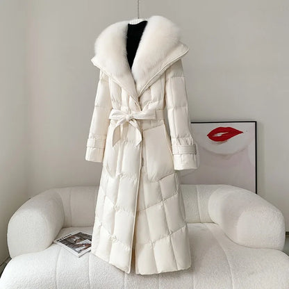 Reality Fur Jacket Women New Winter White Duck Down Coat Warm Long Parkas Real Fox Fur Collar Female Hooded Snow Puffer Coats
