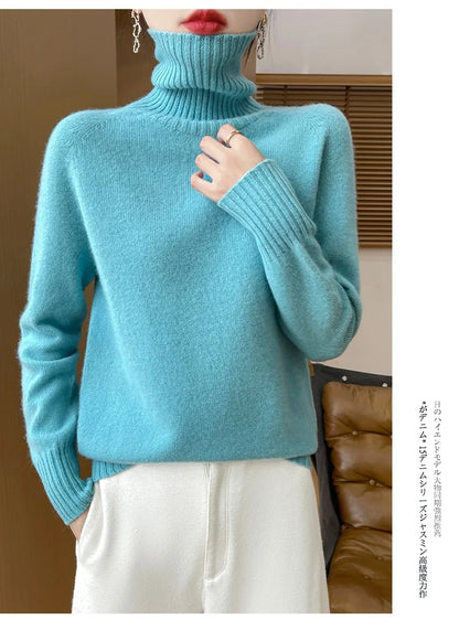 Women's Clothing New Fashion Autumn And Winter Merino Wool Pullover Solid Color Long Sleeve Basic Thermal Top 100% Wool Sweater