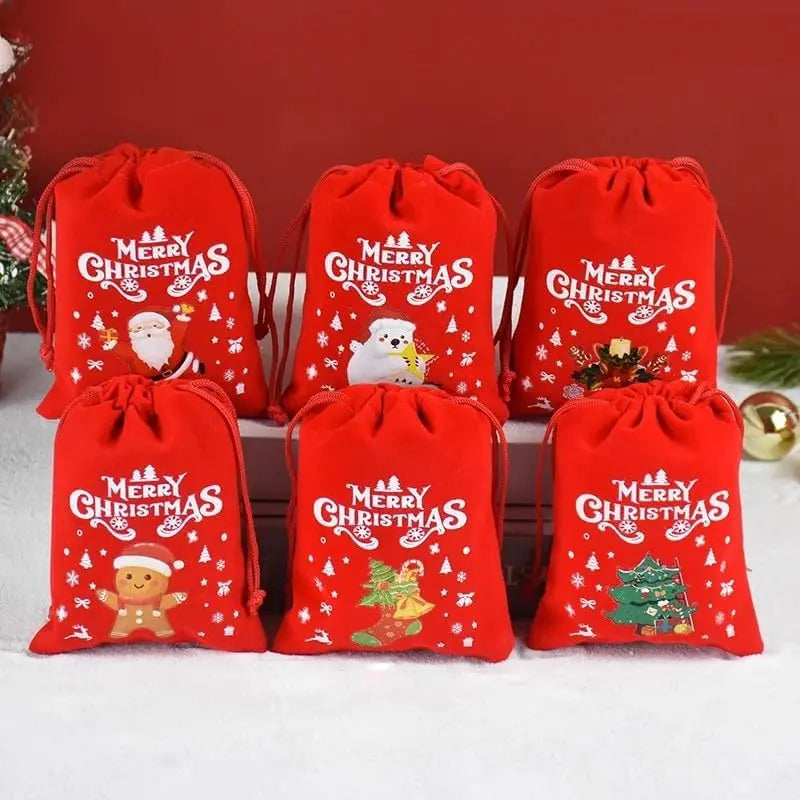 1/30pcs Christmas Gift Bags Red Velvet Drawstring Pouch Bulk Santa Candy Packaging Snack Wrapping Bag Wedding Party Favors Decor