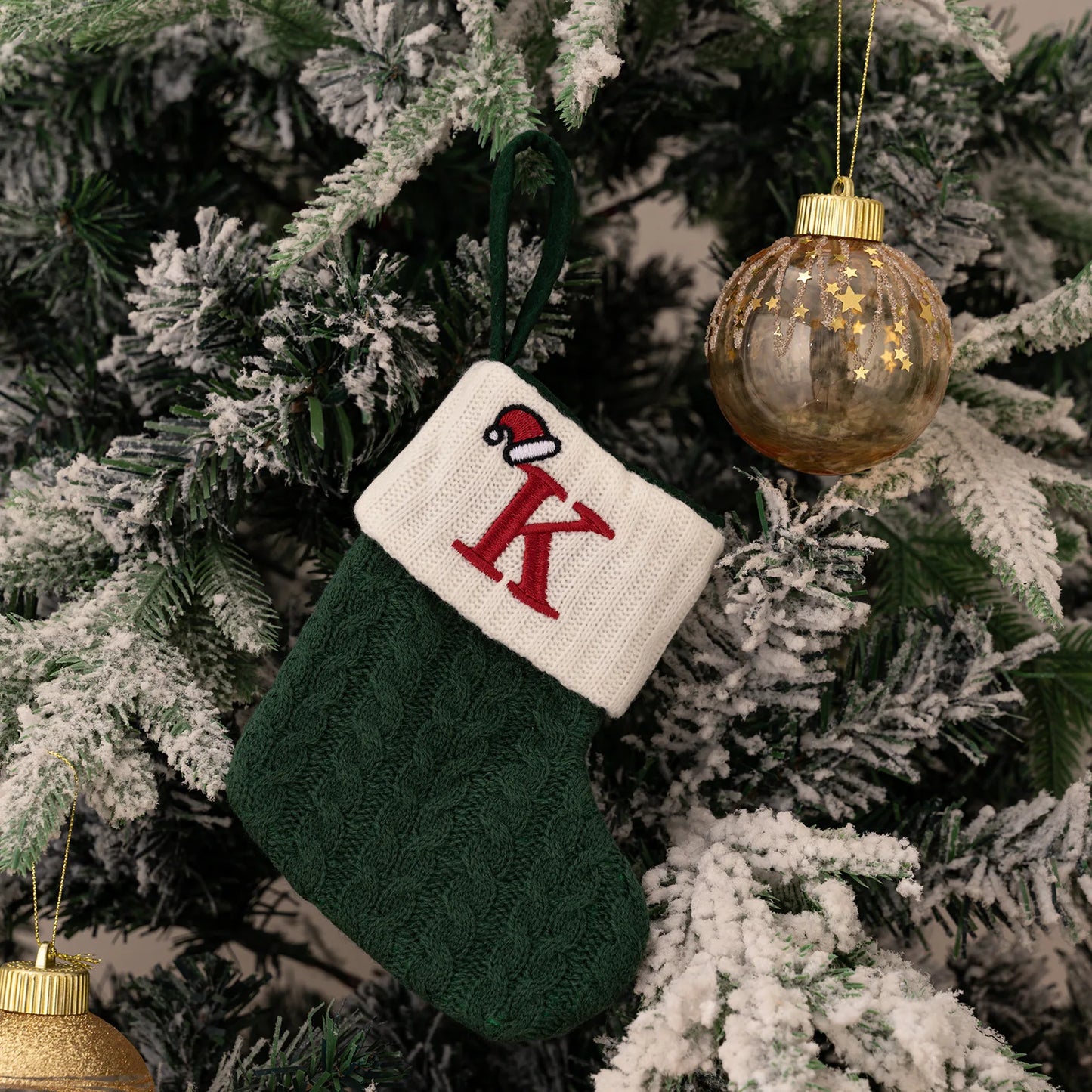 Green A-Z Letter Hanging Christmas Stockings Monogram Knitted Socks Fireplace Christmas Tree Hanging Party Decoration