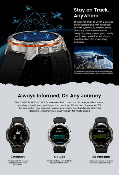 KOSPET TANK T3 Ultra 2 GPS Smart Watch For Men Smartwatch Compass Altimeter Barometric 5ATM IP69K Waterproof AMOLED Mens Watches