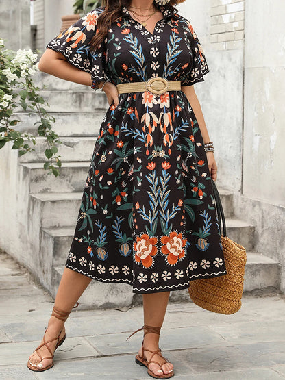 Women Plus Size V-Neck Maxi Dress Elegant Floral Print Short Sleeve Bohemian Party Dress for Summer Beach Wedding Guest