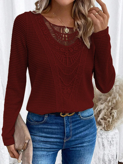 Solid Crew Neck Cut Out T-Shirt Elegant Ribbed Long Sleeve Contrast Lace T-Shirt For Fall & Winter Women's Clothing