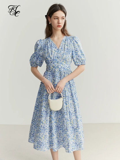 FSLE Blue Romantic Floral Dress Women Elegant Vintage High Waist V-neck Puff Sleeve Summer Printing Female Cotton Long Skirts